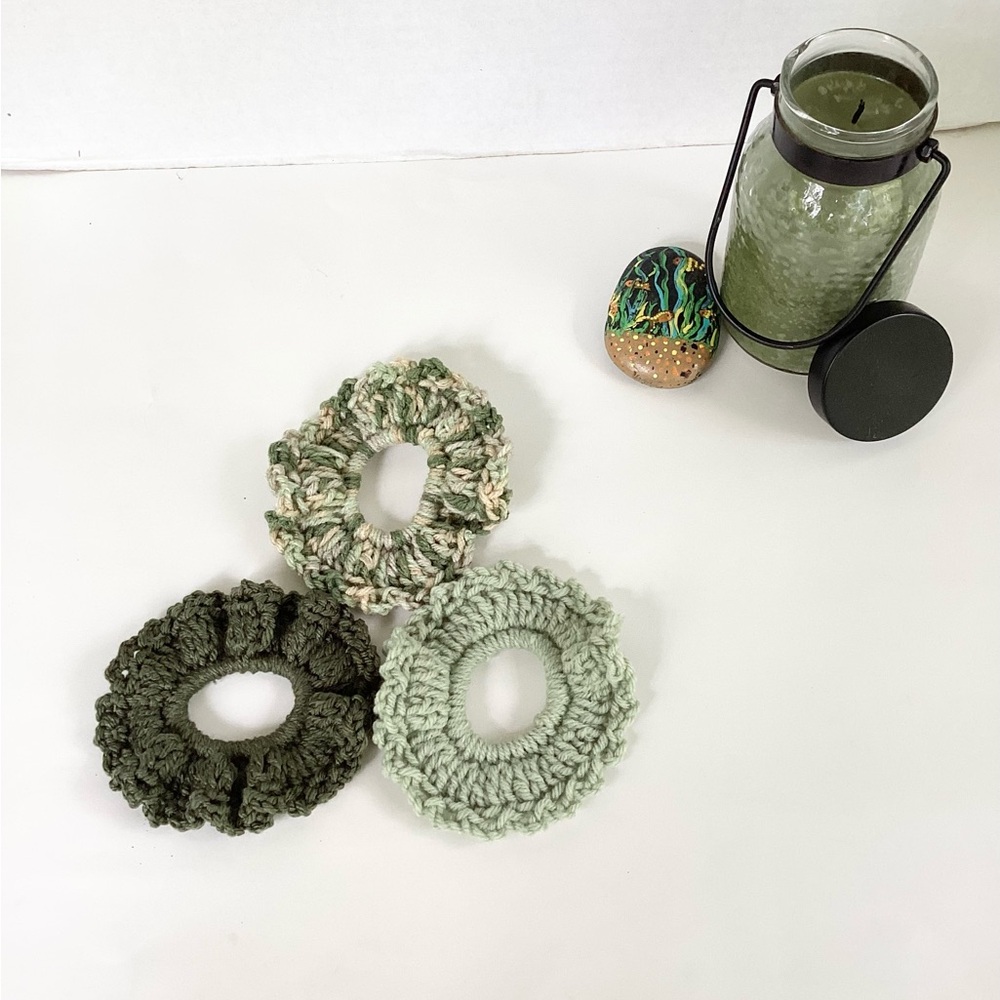 Hair Scrunchies Hand Crafted Forest Green Sage Green Crochet Boho Messy Bun
